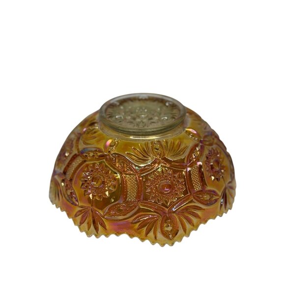 Vintage Marigold Carnival Glass Bowl 8x3 Starburst Crab Claw Pattern Iridescent - Picture 7 of 10